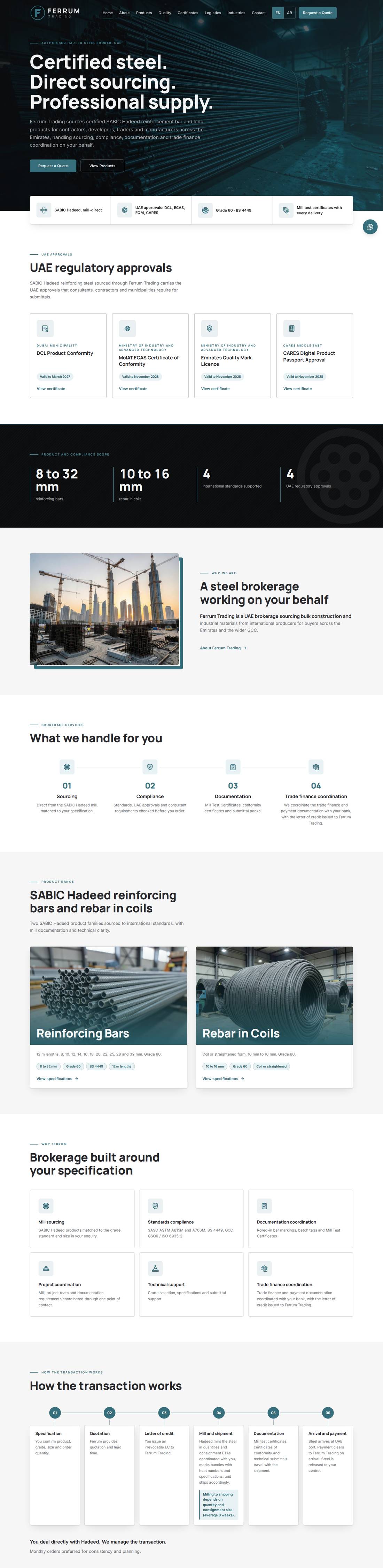 Desktop website for a steel trading company in the UAE
